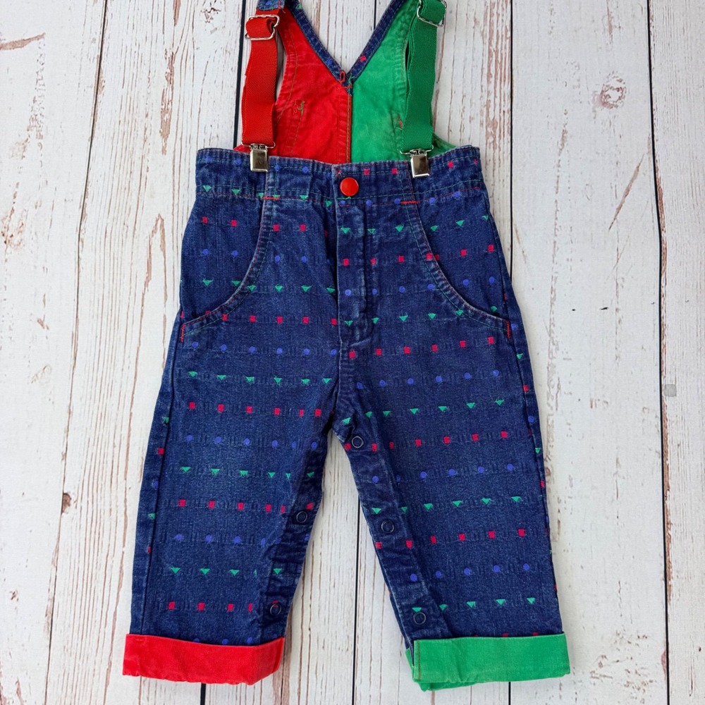 Vintage OshKosh Bgosh Vestbak Overalls Blue Denim Geometric 6-9M Made in USA